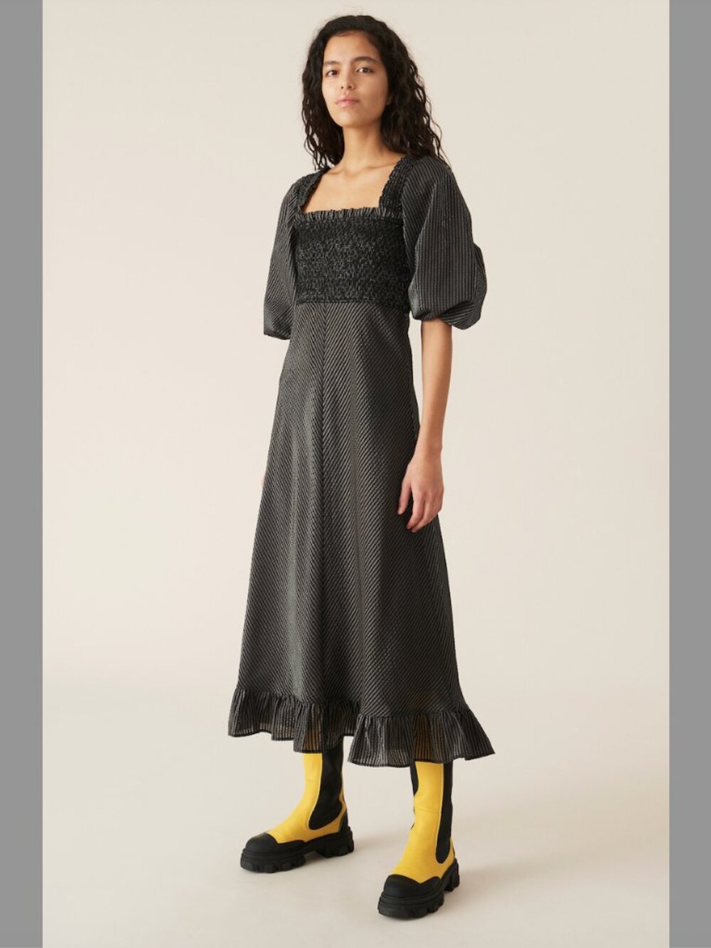 Ganni Seersucker Check Smocked Midi Dress 36 US 4